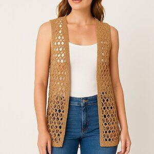 Open Knit Crochet Vest Tan Sparkle Boho Festival Cottagecore Layering Small